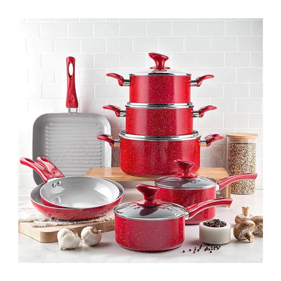 Cookware Set Non Stick Frying Pan Aluminum Cooking Pots and Pans Set Hot Selling Granite Household Utensils Marble 13 Pcs Metal