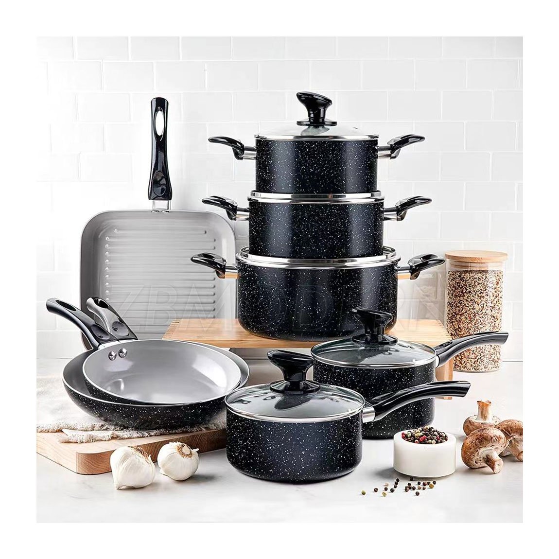 Cookware Set Non Stick Frying Pan Aluminum Cooking Pots and Pans Set Hot Selling Granite Household Utensils Marble 13 Pcs Metal
