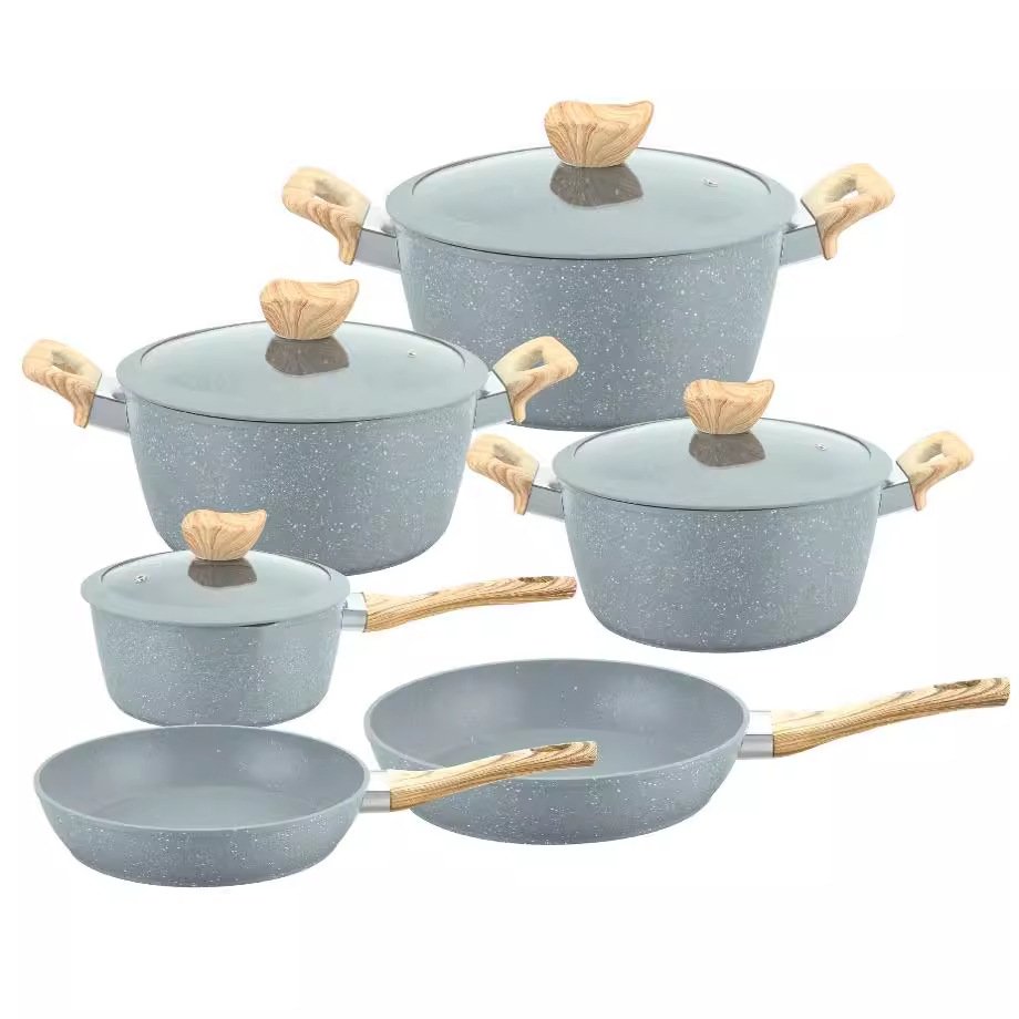 Small Batch Wholesale In Stock 10 pcs Marble non-stick Frying Pan Milk Pot Cookware Sets
