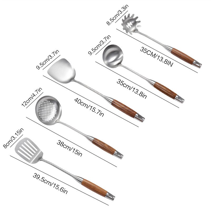 304 Stainless Steel Kitchen Cooking Utensils with Wood Handle Wholesale Cookware Sets