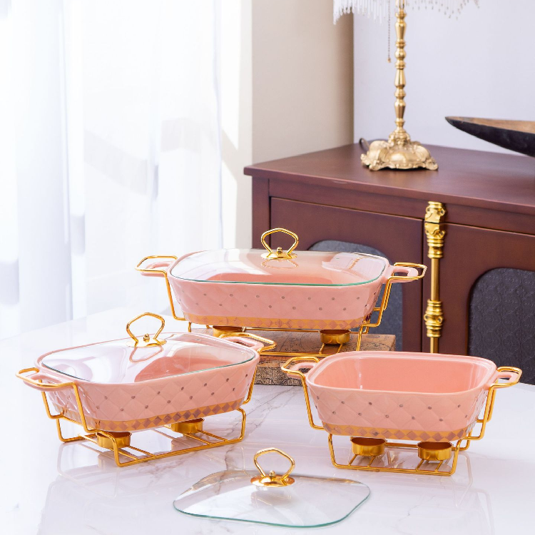 11inch InStock Casserole Textured Handles Ceramic Baking tray Pans for Home Kitchenware Hotel Soup pink cookware sets