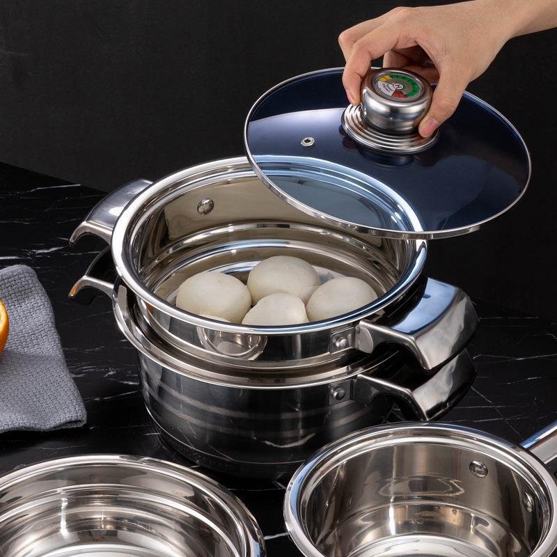 Top Quality OEM Custom 100Pcs Kitchen Cook Pot Blue Lid Stainless Steel Stock Pot Non Stick Cookware Sets