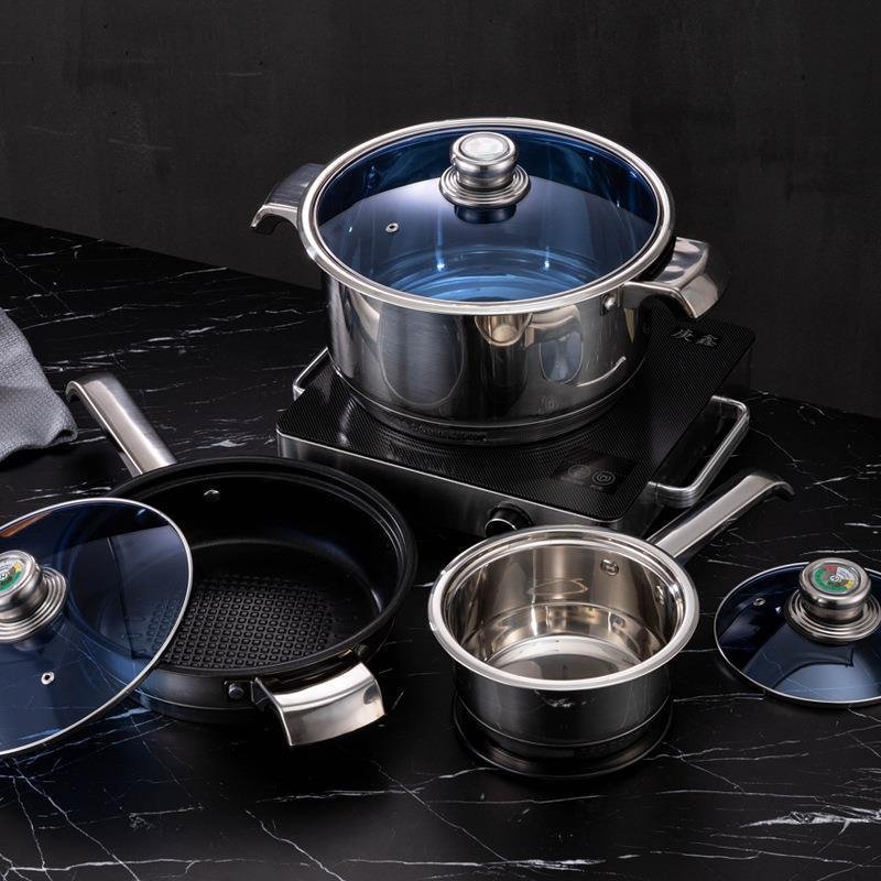 Top Quality OEM Custom 100Pcs Kitchen Cook Pot Blue Lid Stainless Steel Stock Pot Non Stick Cookware Sets