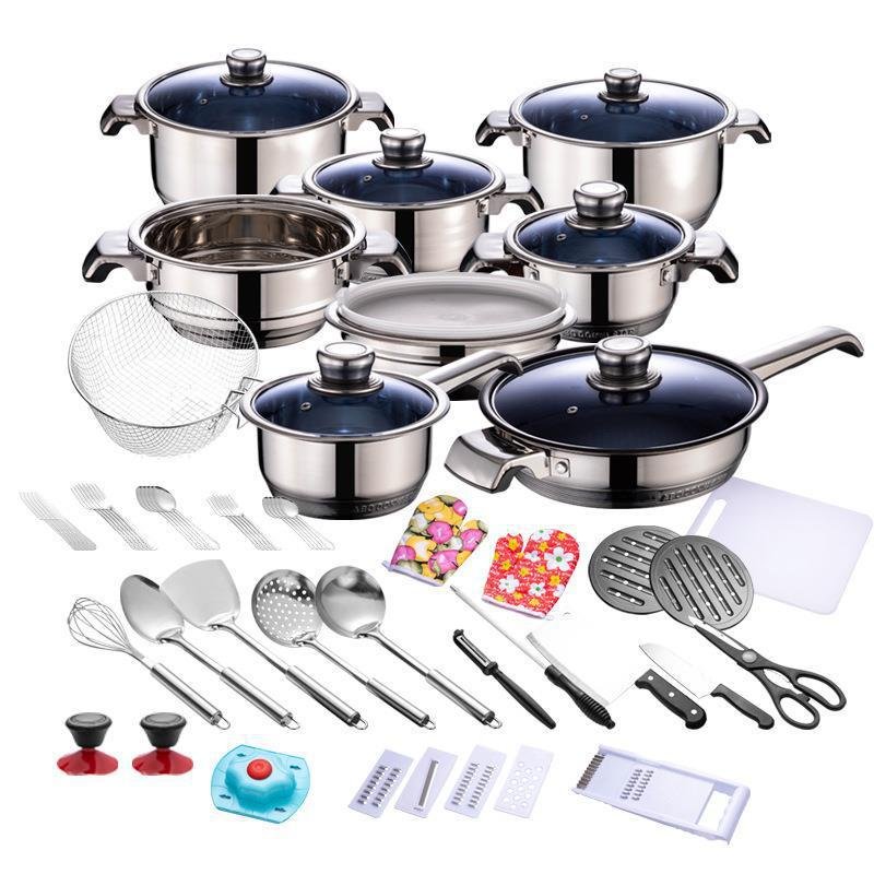 Top Quality OEM Custom 100Pcs Kitchen Cook Pot Blue Lid Stainless Steel Stock Pot Non Stick Cookware Sets