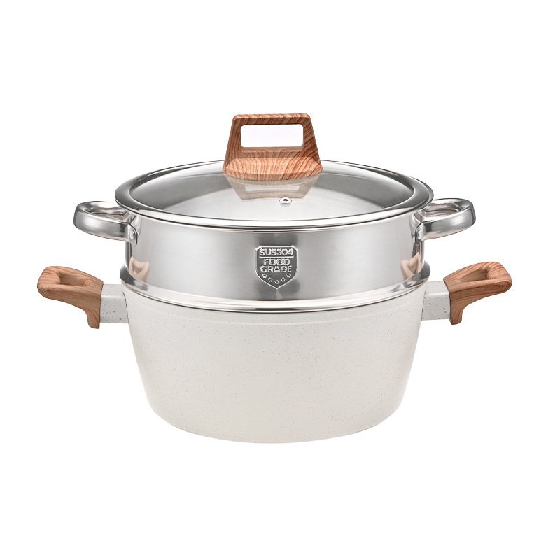 Non Stick 10 Piece Wooden Handle Cooking Pots White Marble Coating Granite Aluminum Die Cast Cookware Set