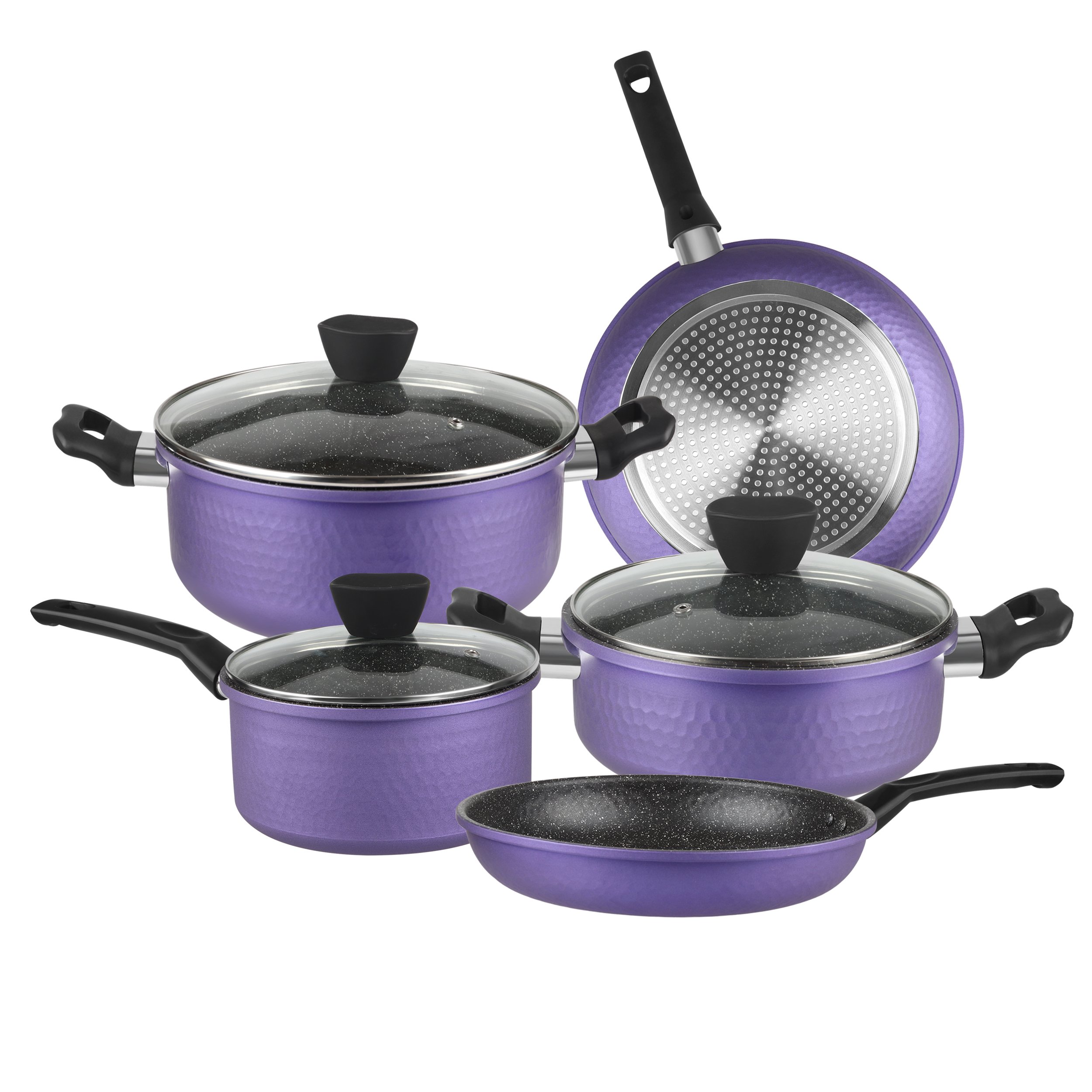 purple color pressing aluminum nonstick marble cookware set with hammered body