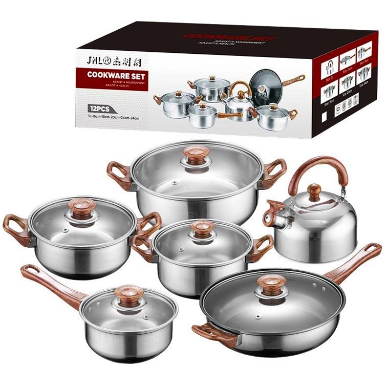 12pcs Non-Stick Induction Stainless Steel Cookware Set Kitchenware Pots and Pans for Cooking Frying Cookpot Casserole Pan Set