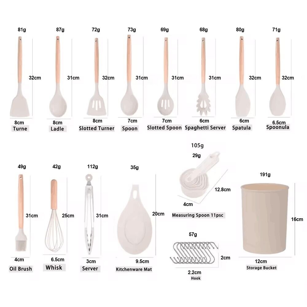 Custom 33 pcs kitchen accessories mixing spatula non stick cookware set silicone kitchen utensils set with wooden handle