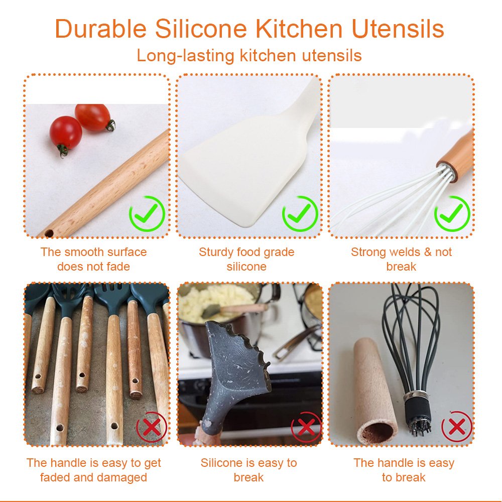 Custom 33 pcs kitchen accessories mixing spatula non stick cookware set silicone kitchen utensils set with wooden handle