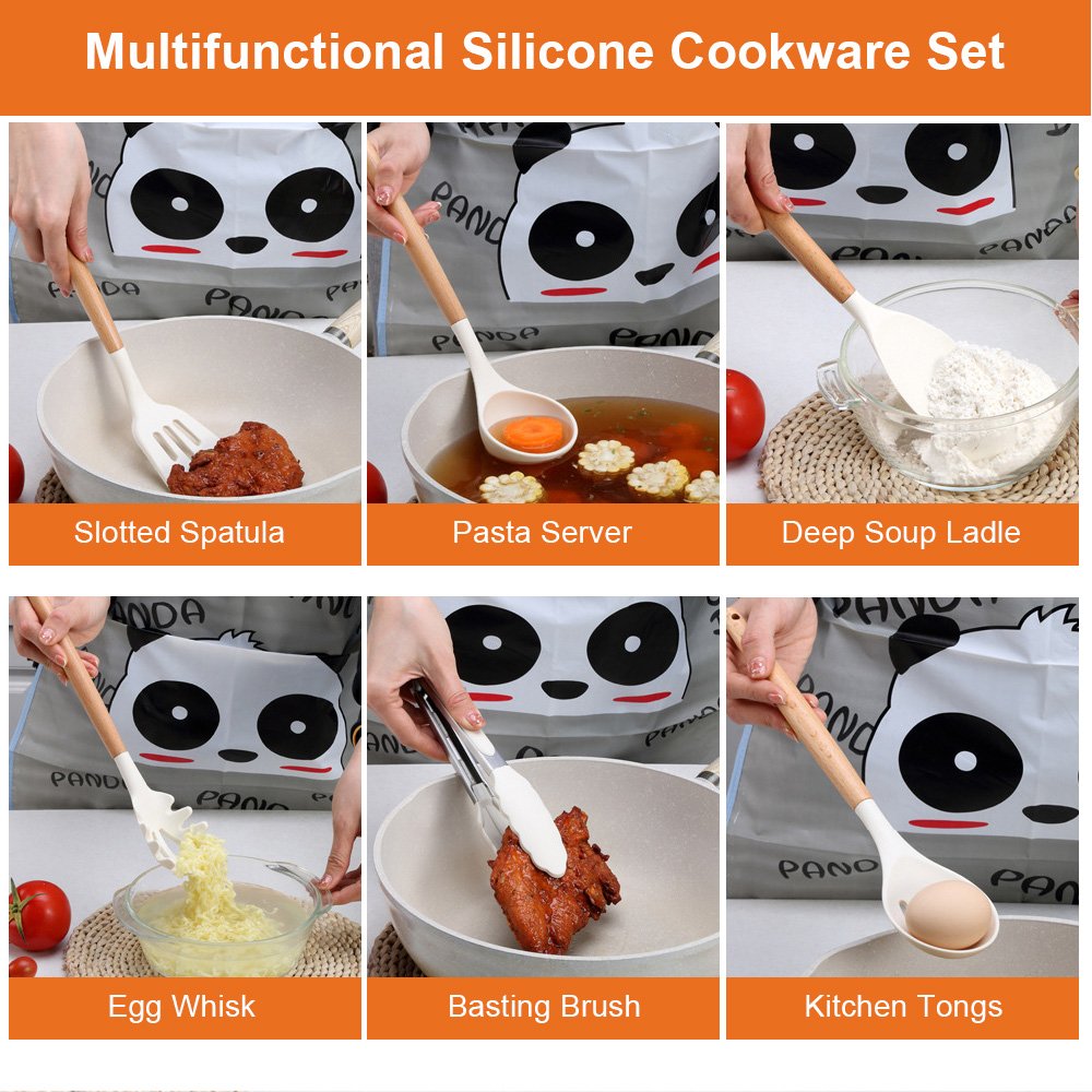 Custom 33 pcs kitchen accessories mixing spatula non stick cookware set silicone kitchen utensils set with wooden handle