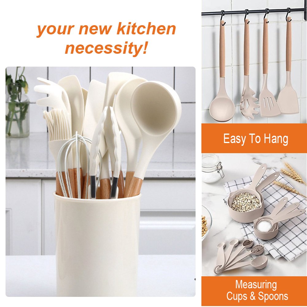 Custom 33 pcs kitchen accessories mixing spatula non stick cookware set silicone kitchen utensils set with wooden handle