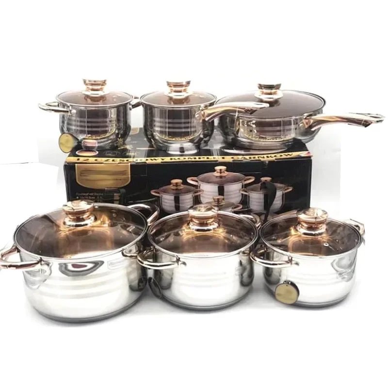 5 Layers Double Bottom Stainless Steel Glass Lid Fry Pan Cooking Pots Cookware Set