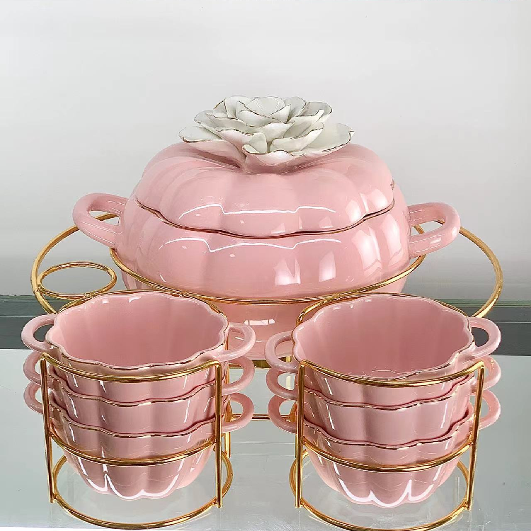 Flower Pumpkin pink ceramic cookware set with Handles Home Kitchenware Candle baking tray non stick nonstick cookware sets