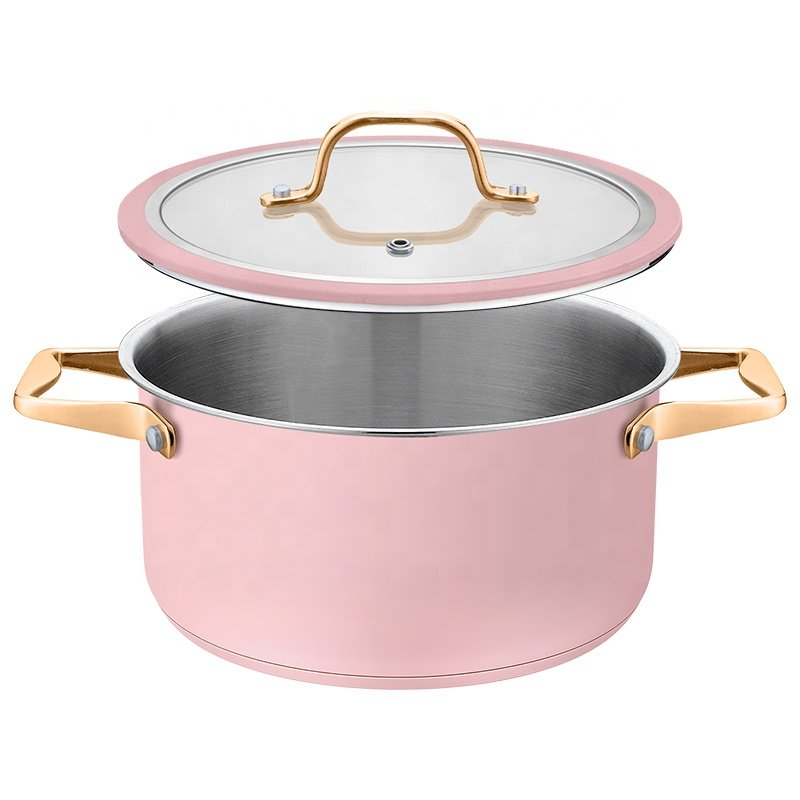 Professional 8 Piece Kitchen Cooking Pots Set Nonstick Fry Pan Stainless Steel Cookware Set With Pink Coating