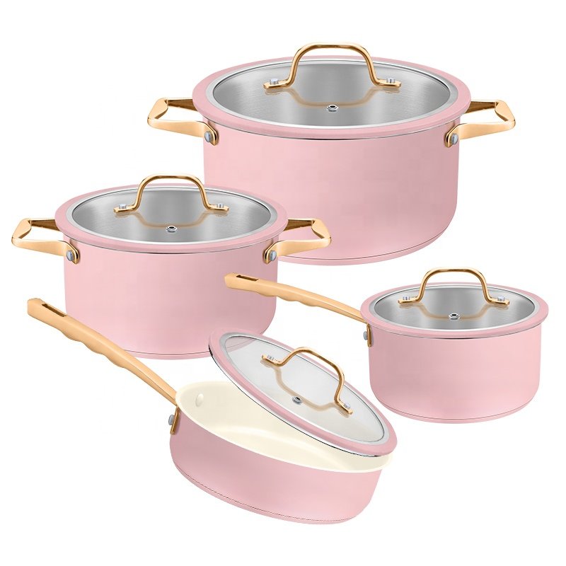 Professional 8 Piece Kitchen Cooking Pots Set Nonstick Fry Pan Stainless Steel Cookware Set With Pink Coating