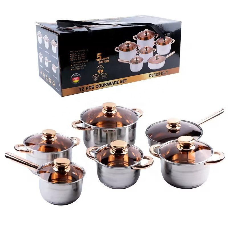 Stainless Steel Glass Lid Fry Pan Cooking Pots Cooking Set 12-piece nonstick frying pan 5-layer bottom Cookware set