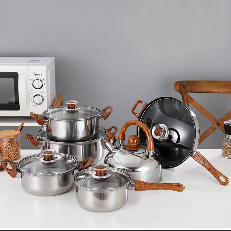 Hot sale stainless steel cookware set with brown bakelite