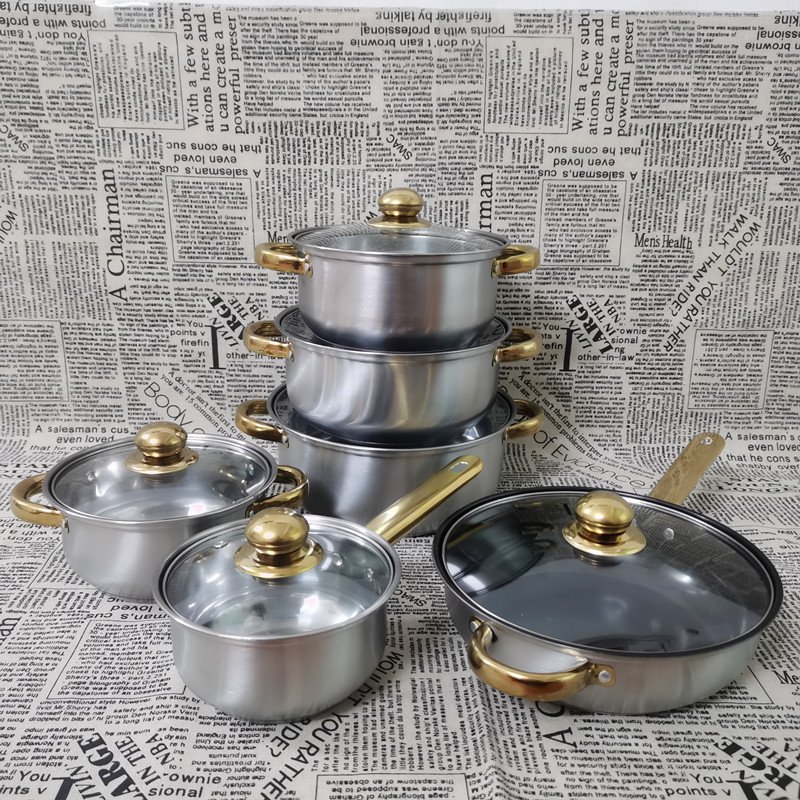 12-Piece Stainless Steel Non-Stick Cookware Set with Induction Bottom Cast Iron Soup Pots and Glass Lid for Home Cooking Frying