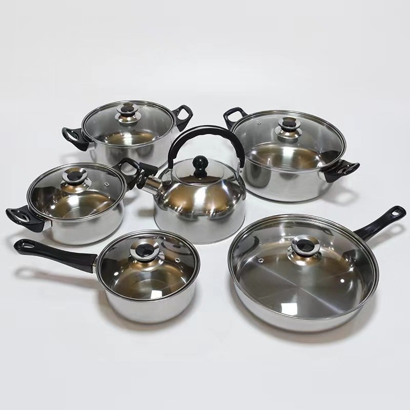 12pcs of stainless steel cookware set with black handle cooking pot set