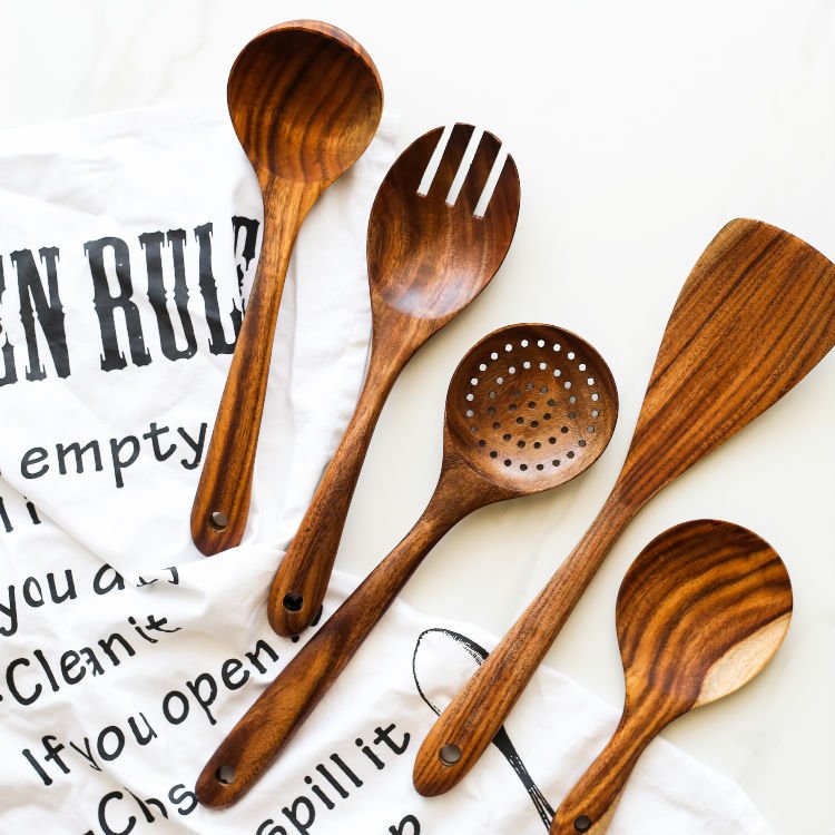 Wholesale 7pcs Teak Wooden Utensils Set Wood Spatula Nonstick Cookware Kitchen Utensils Set For Cooking