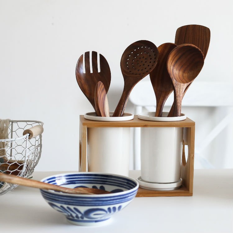 Wholesale 7pcs Teak Wooden Utensils Set Wood Spatula Nonstick Cookware Kitchen Utensils Set For Cooking