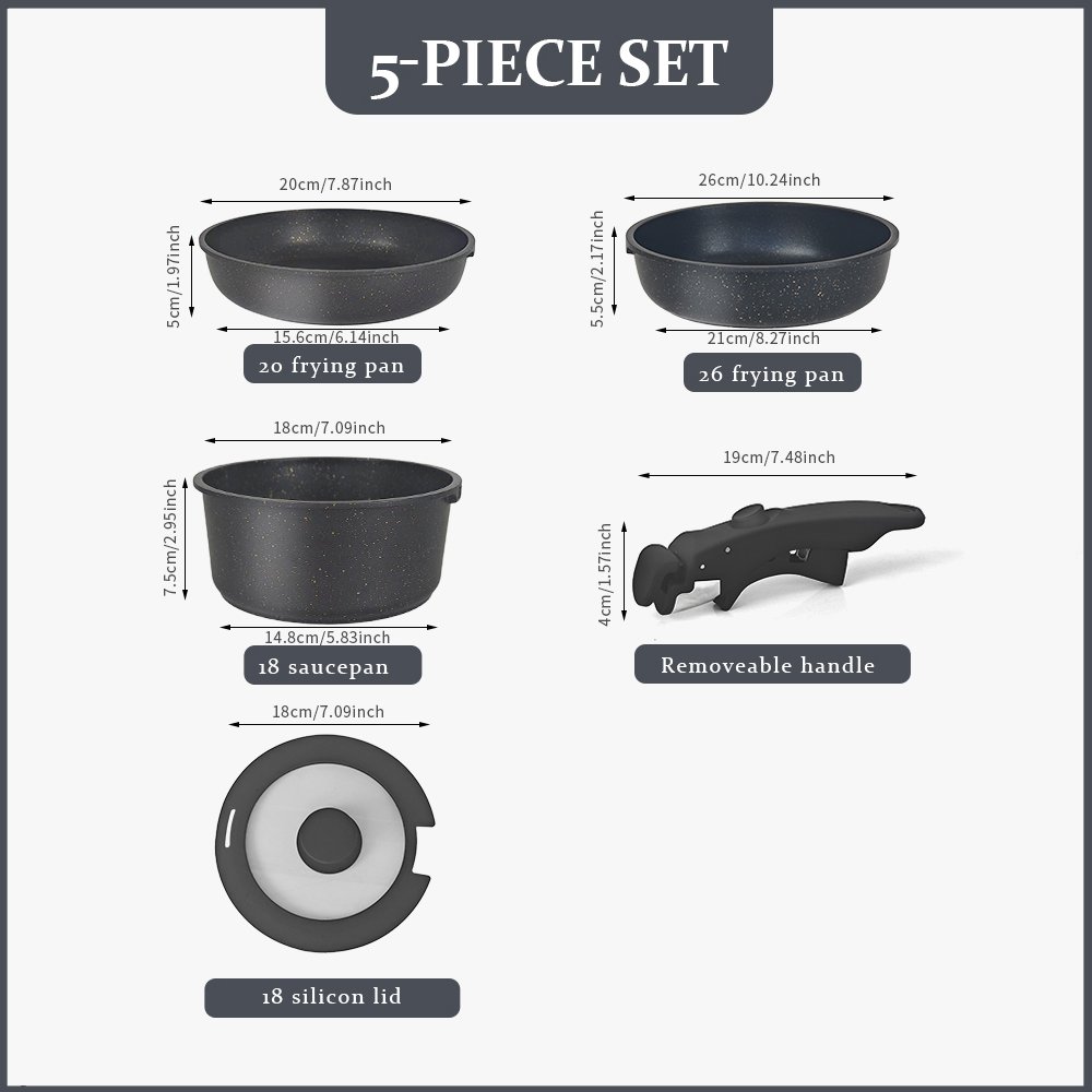 Donnor Grace Series 5pcs 17pcs Sets Die Cast Aluminum Saucepan Frying Pan and Pots Set Removable Handle Cookware Set