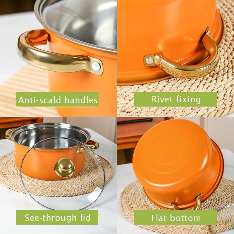 Hot Sale 12 PCS Orange Stainless Steel Pot Nonstick Fying Pan Cookware Set With lid Soup Pot Cookware Cooking Pots And Pans