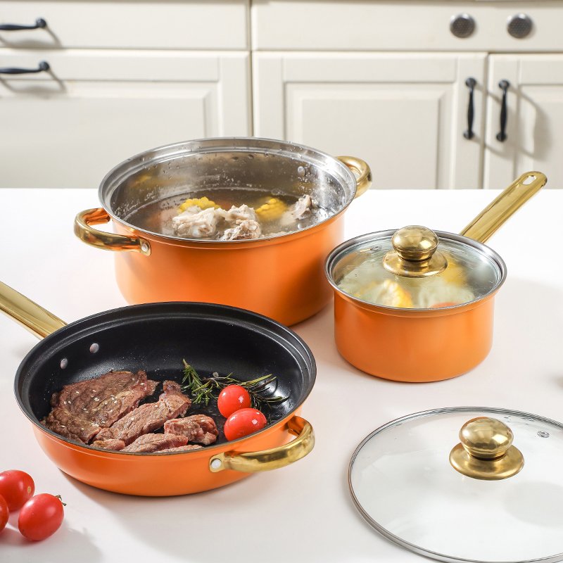 Hot Sale 12 PCS Orange Stainless Steel Pot Nonstick Fying Pan Cookware Set With lid Soup Pot Cookware Cooking Pots And Pans