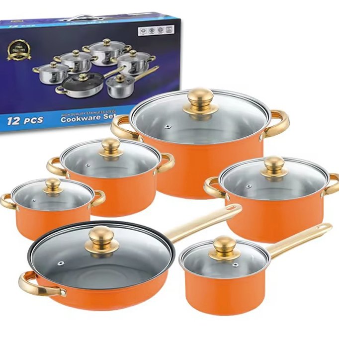Hot Sale 12 PCS Orange Stainless Steel Pot Nonstick Fying Pan Cookware Set With lid Soup Pot Cookware Cooking Pots And Pans