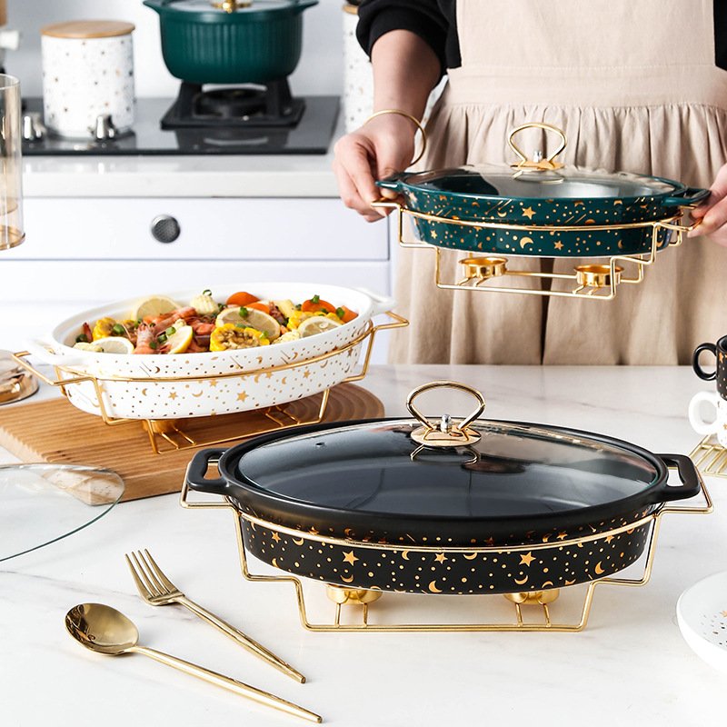 Luxury Golden Design Oval Ceramic Baking Tray With Golden Stand And Glass Lid Restaurant Cookwares Set Chaffing Dish