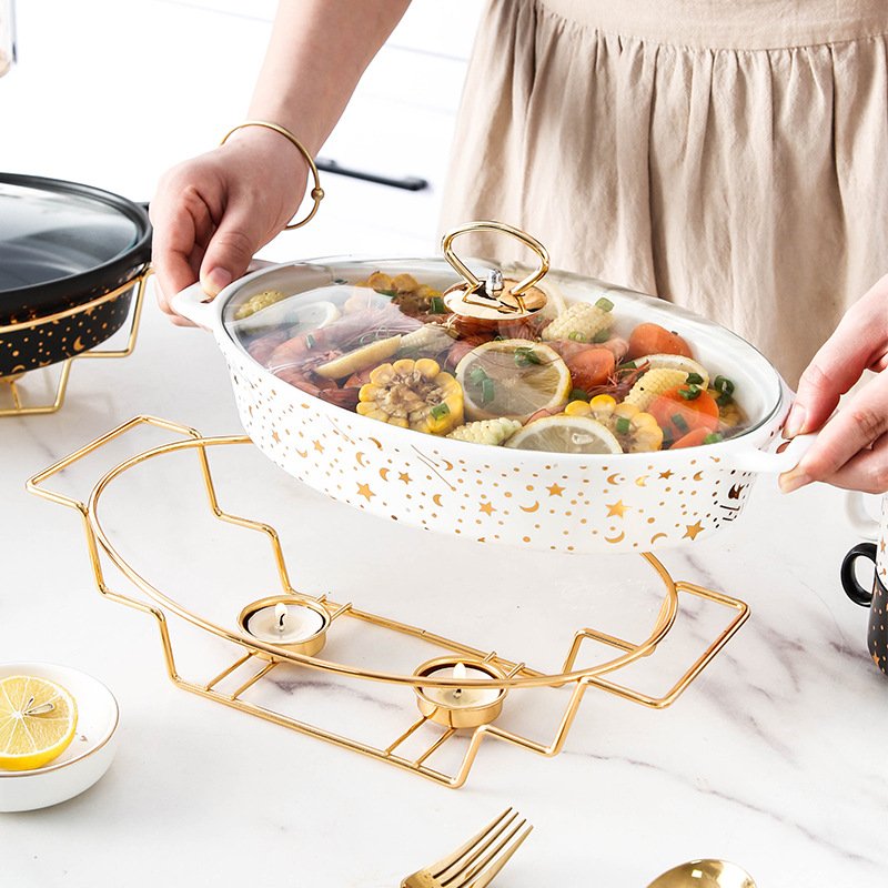 Luxury Golden Design Oval Ceramic Baking Tray With Golden Stand And Glass Lid Restaurant Cookwares Set Chaffing Dish