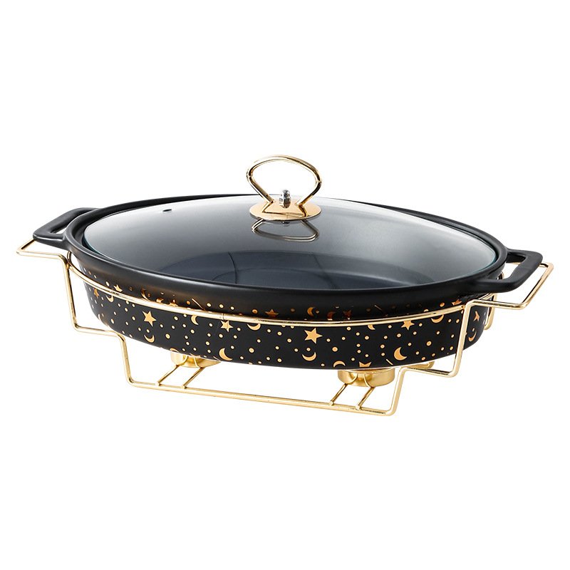 Luxury Golden Design Oval Ceramic Baking Tray With Golden Stand And Glass Lid Restaurant Cookwares Set Chaffing Dish