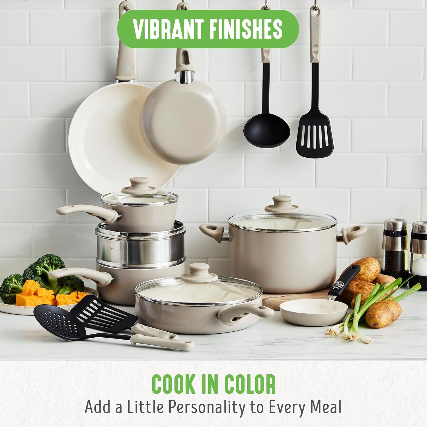 Nonstick Ceramic Cookware Set 13-Piece, Healthy Pots and Pans Set, Non-toxic Kitchen Cooking Set with Stay-Cool Handles,
