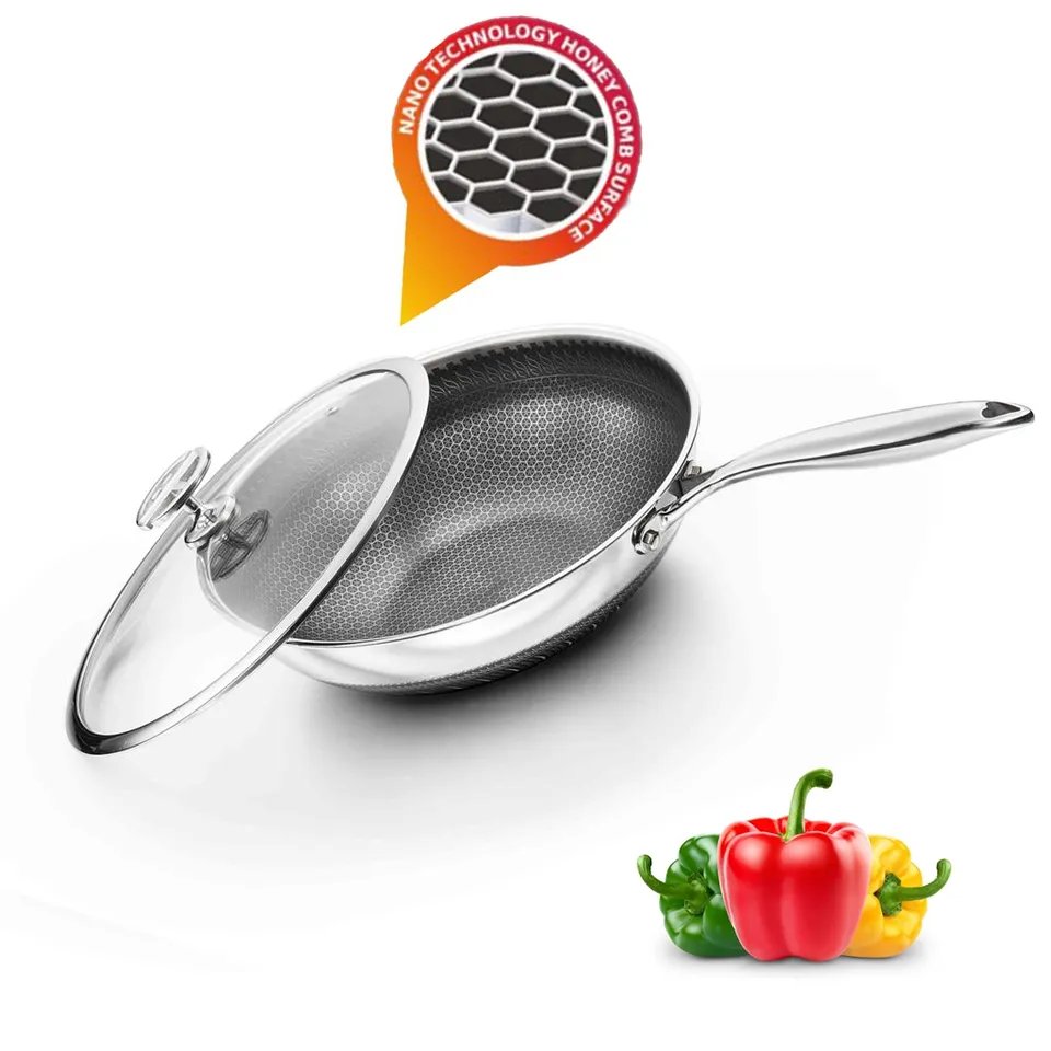 Honeycomb Non-stick Tri-ply Saute Pan Cooking Wok 304 Stainless Steel Big Wok Home Cooking