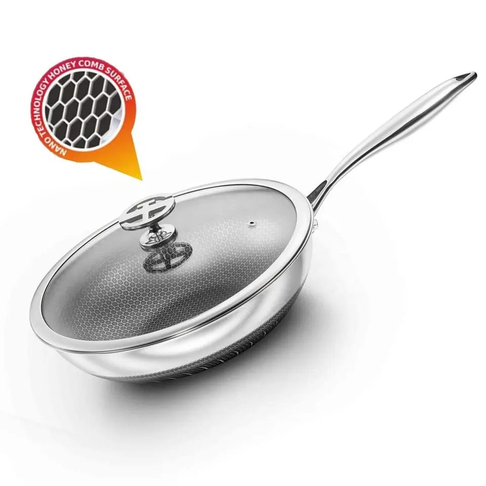 Honeycomb Non-stick Tri-ply Saute Pan Cooking Wok 304 Stainless Steel Big Wok Home Cooking