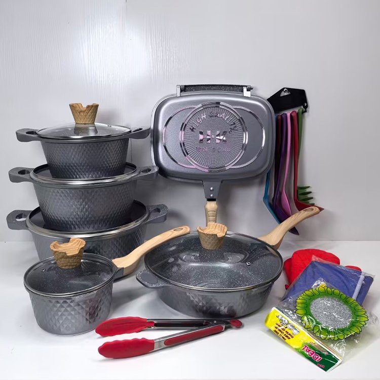 High Quality Kitchen Nonstick Aluminum Cookware Set Granite Coated 23PCS Non Stick Cooking Pots and Pans Set with Utensils