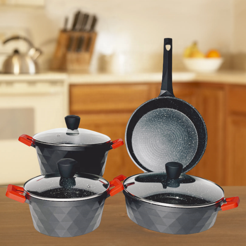 Die Cast Aluminum Induction Cookware Set Black Ceramic Coating Nonstick Cooking Pots Pans Kitchen Usage Pattern Marble Material