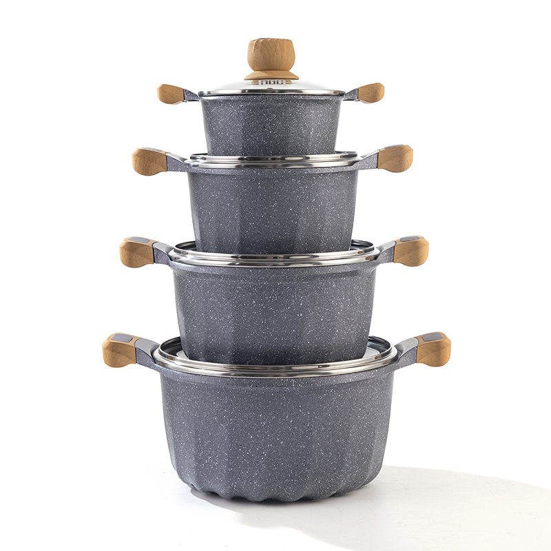 Cookware set French style 4-piece double bottom gray sprinkled with black and white dots 16/20/24/28cm die-casting aluminum pot