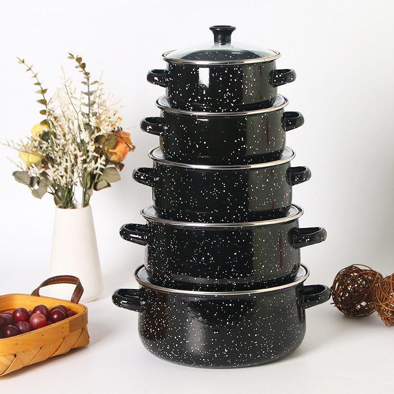 Set of 5 Classic Non-Stick Ceramic Enamel Cookware Morningel Kitchen and Camping Pots and Pans for Home and Outdoor Use