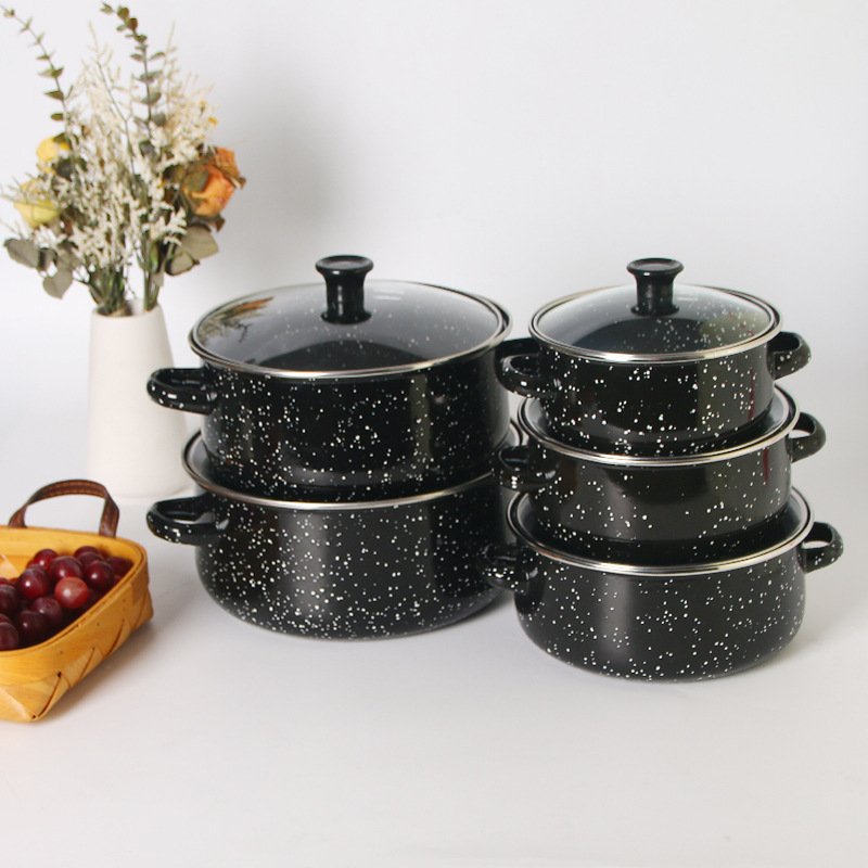 Set of 5 Classic Non-Stick Ceramic Enamel Cookware Morningel Kitchen and Camping Pots and Pans for Home and Outdoor Use