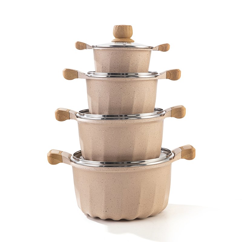 Set of 4 sets of French style double bottom beige sprinkled with white dots aluminum die-casting non-stick soup pot