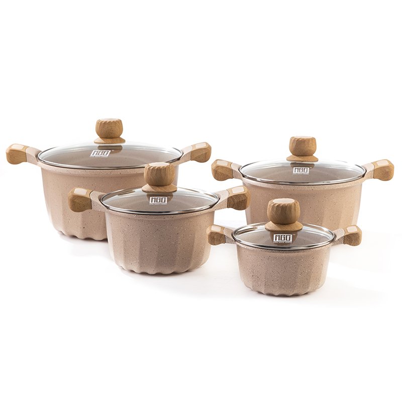 Set of 4 sets of French style double bottom beige sprinkled with white dots aluminum die-casting non-stick soup pot