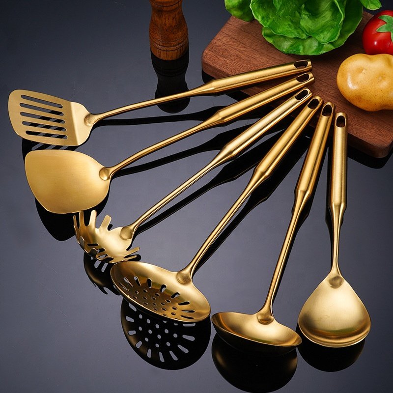 Hollow handle metal cooking tool set stainless steel gold kitchen utensils set
