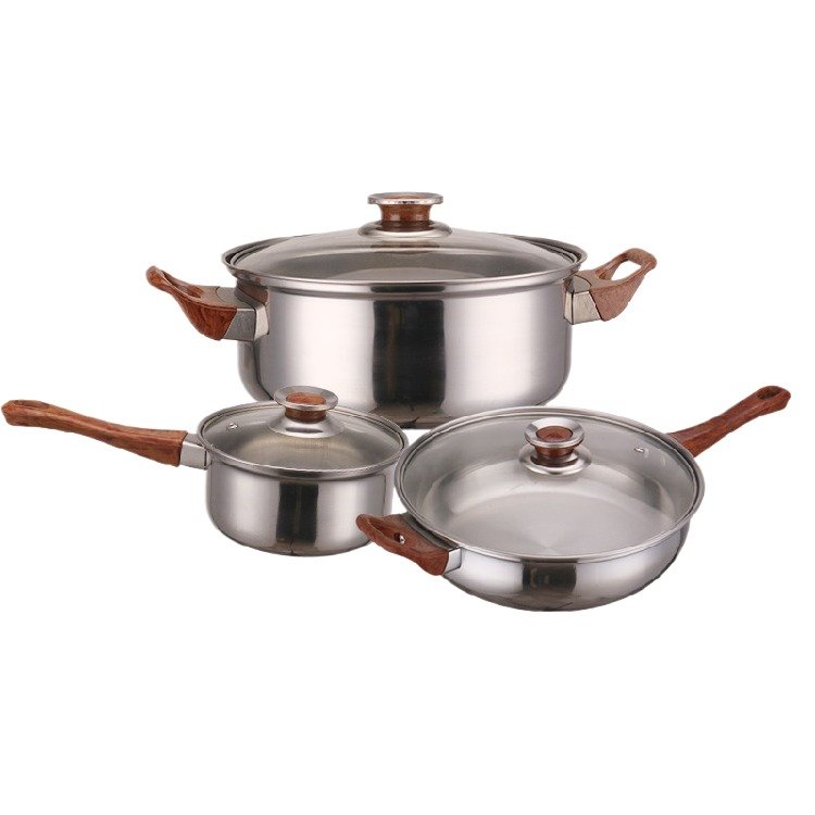 6pcs Stainless Steel Cookware Set with Wooden Handles sufuria forkitchen cookware set Including Milk Pan Soup pot Frying Pan