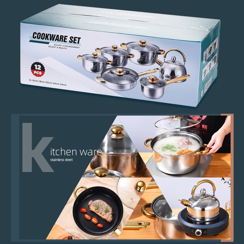 12pcs New Design Cooking Pot Set Stainless Steel Cooking Pot Non-stick Cookware Set Cooking Pot Set
