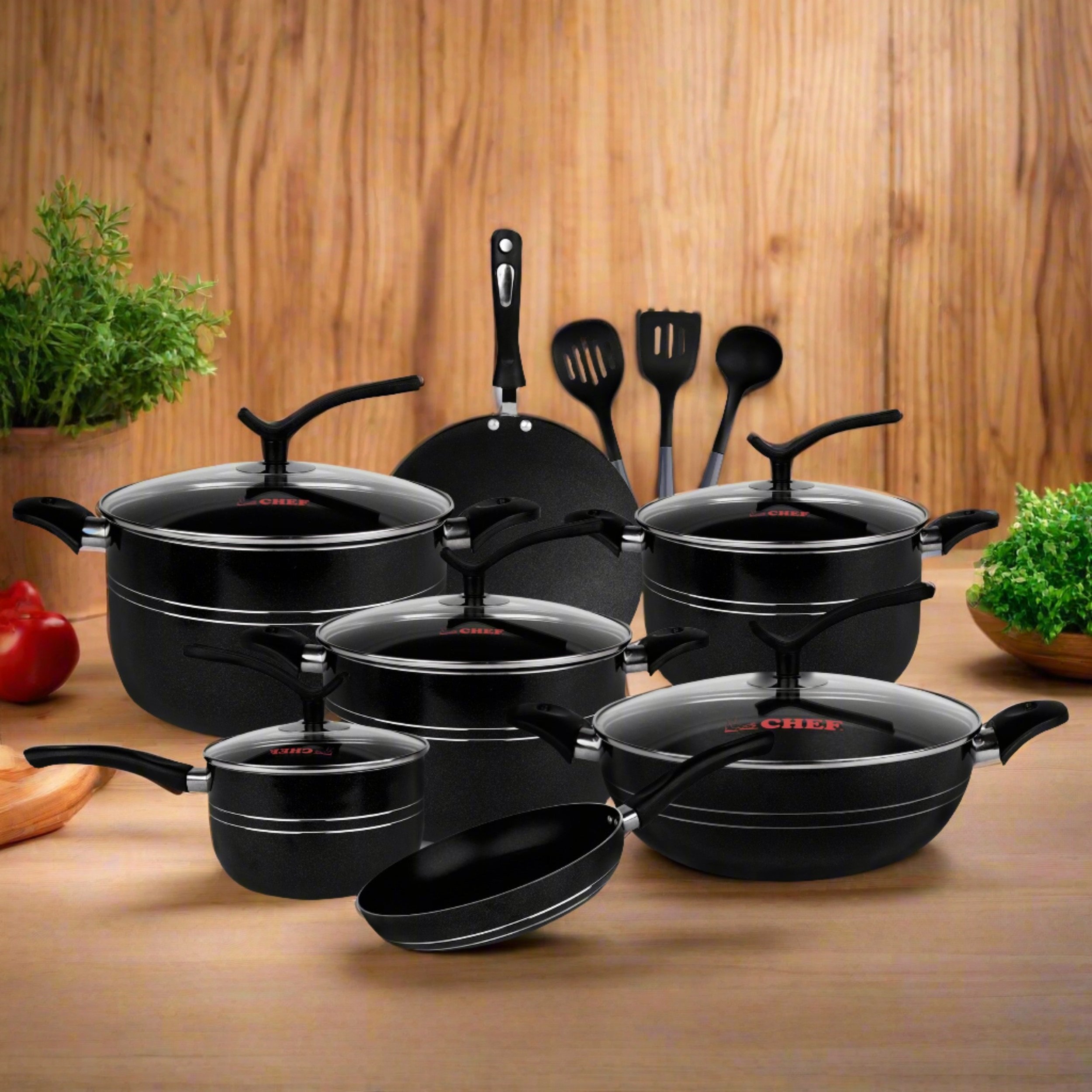 CHEF PREMIUM QUALITY NONSTICK COOKWARE SET/ -323 (15PCS) NEW MODERN DESIGN WITH EASY TO STAND LID