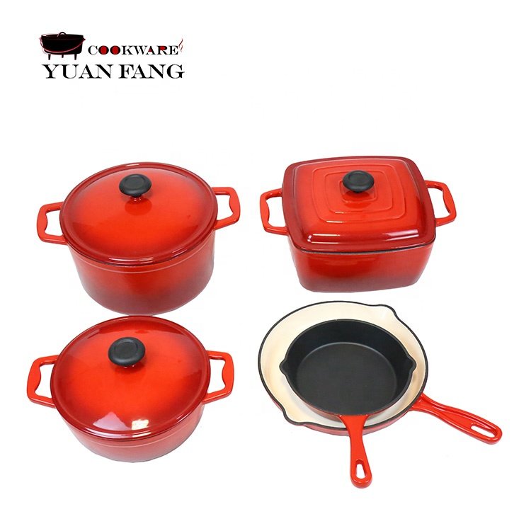 Wholesale Factory Price 7 Pieces Kitchen Cookware Set Red Enamel Cast Iron Pots And Pans Cookware Set