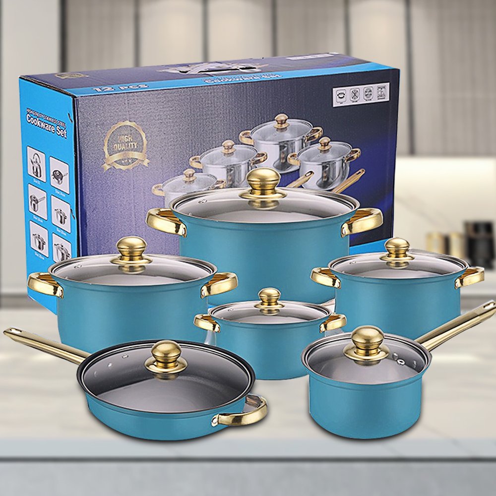 Fast Shipment Blue 12-Piece Stainless Steel Pot Set Wholesale Cookware Set Non-Stick Frying Pan with Lid Metal Kitchen Pot Set