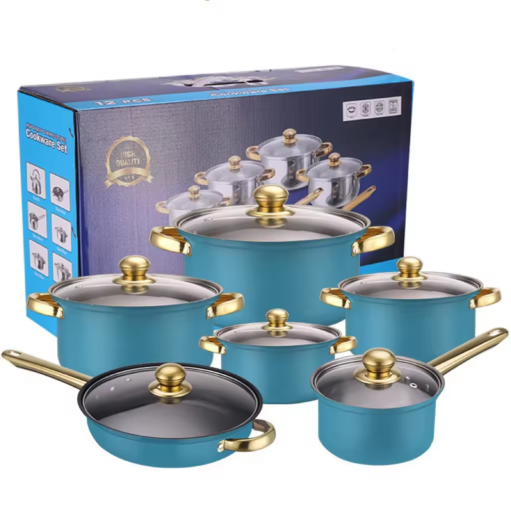 Fast Shipment Blue 12-Piece Stainless Steel Pot Set Wholesale Cookware Set Non-Stick Frying Pan with Lid Metal Kitchen Pot Set