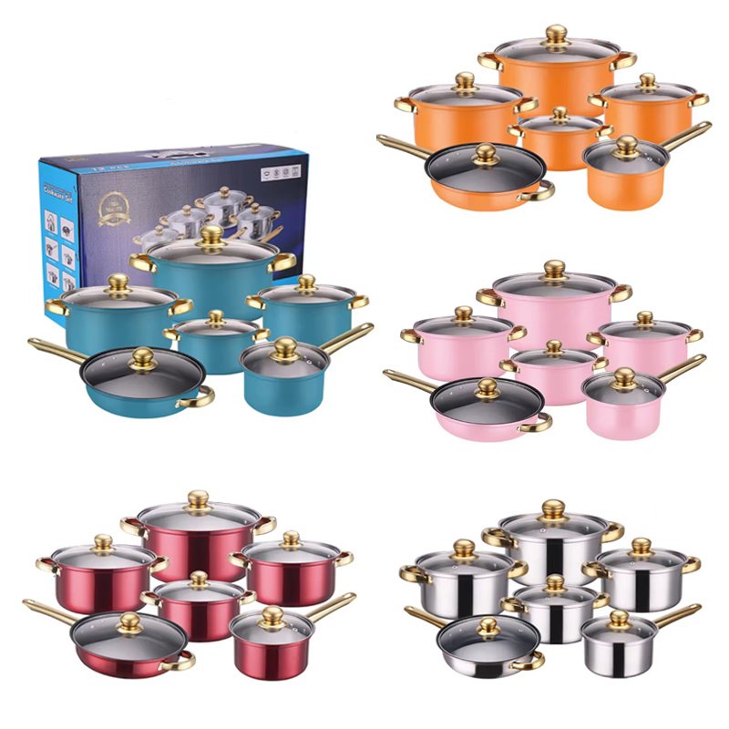 Fast Shipment Blue 12-Piece Stainless Steel Pot Set Wholesale Cookware Set Non-Stick Frying Pan with Lid Metal Kitchen Pot Set